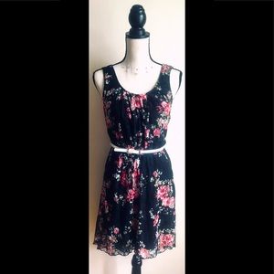Black Lace Pink & White Floral Design Midi Dress,M